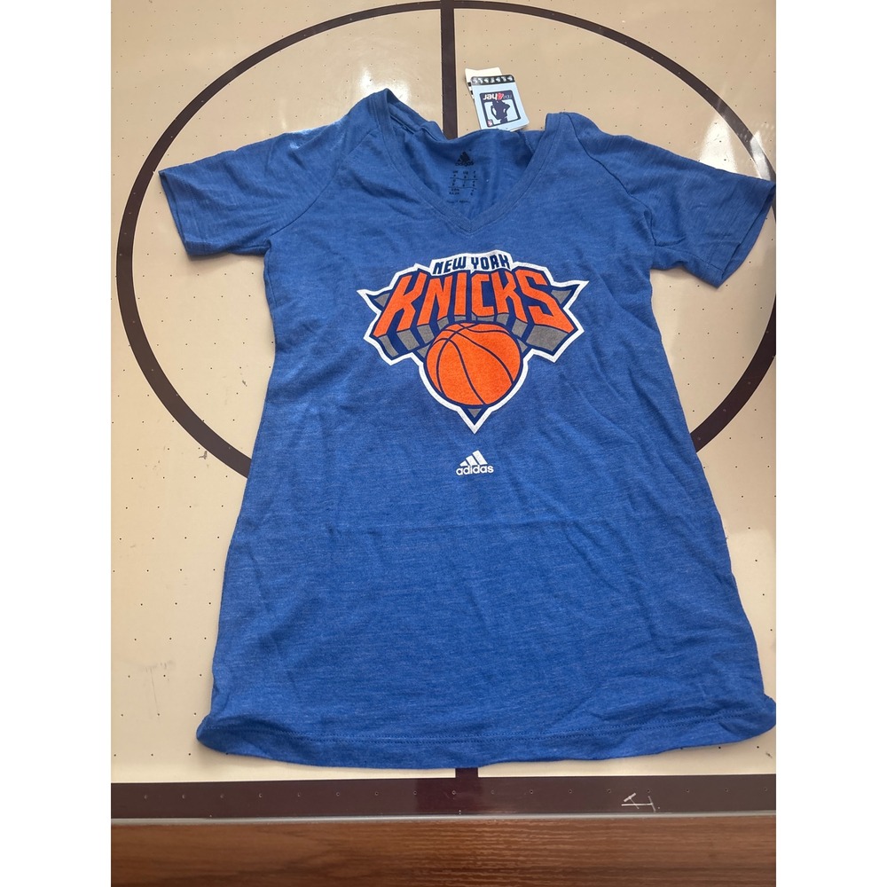 072 Adidas NBA 4Her New York Knicks V-Neck T-Shirt Royal Blue Heather Small